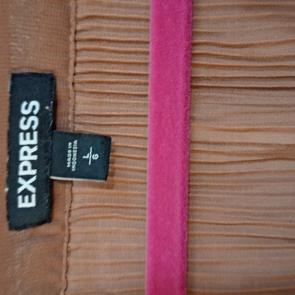 Express Pleated Dress Shirt Sz.L Brown Sheer Vneck Ballon Sleeves - Picture 2 of 14